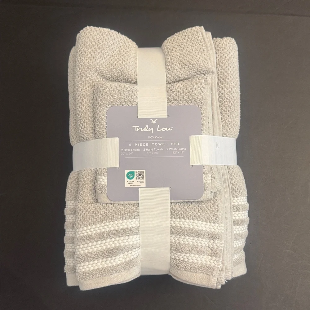 6pc TRULY LOU 100% Cotton Bath Towel Set - Oystermush - Towel Bundle
